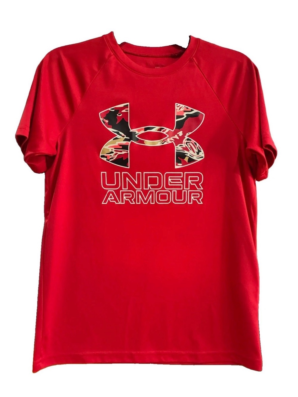 Under Armour Kids' Red Short Sleeve Loose Tee w Camo Logo, Sz YM